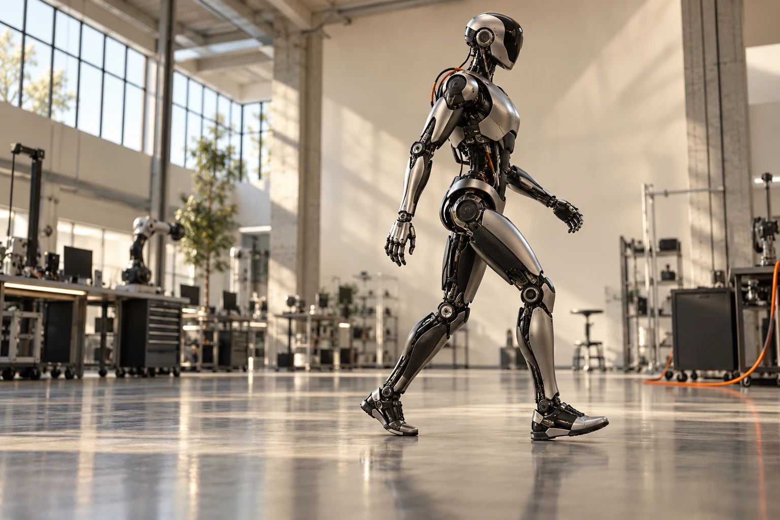Conceptual humanoid robot in a light-filled engineering lab